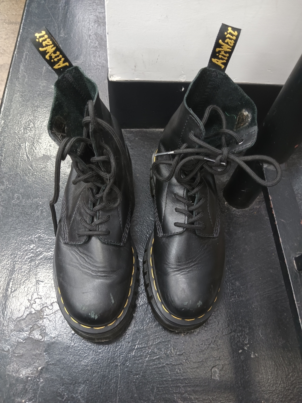 Dr. Martens Black Leather Lace-Up Boots with Yellow Stitching